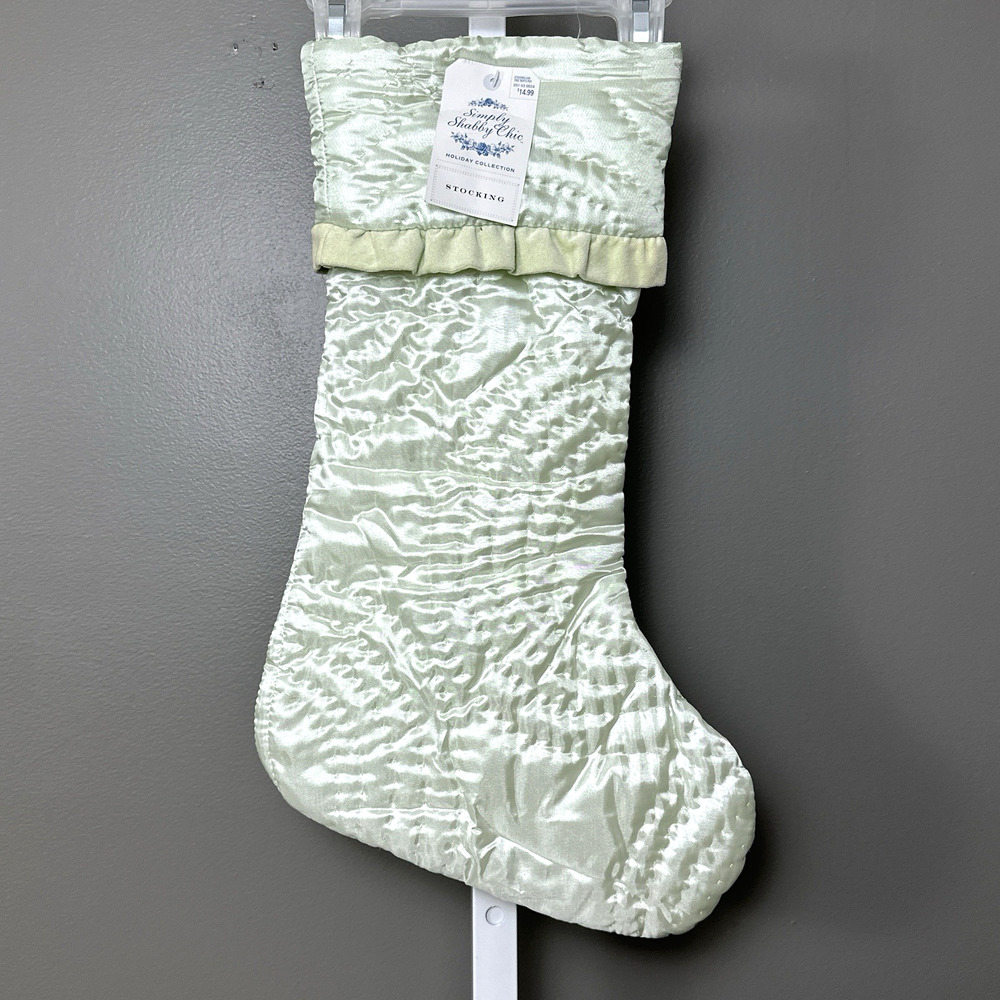 Vintage New Simply Shabby Chic Stocking Holiday Light Green Satin 2008 NOS Shiny